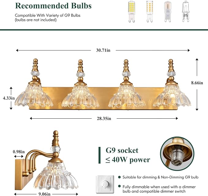 Vintage Bathroom Vanity Light, 4-Light Brass Vanity Lighting Fixture with Flower Glass Shade, Bathroom Lighting Fixtures Over Mirror