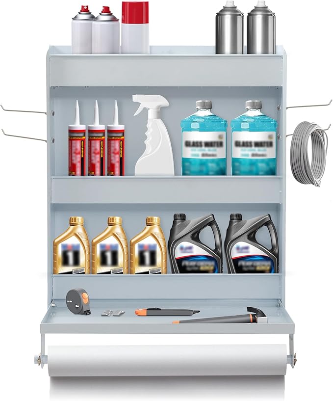 Trailer Door Cabinet Organizer, Flip-Out Work Tray & Paper Towel Rack Organizer with Hooks, Wall-Mount Work Station Storage Cabinet for Enclosed Race Trailer Garage Storage, White