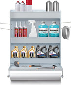 Trailer Door Cabinet Organizer, Flip-Out Work Tray & Paper Towel Rack Organizer with Hooks, Wall-Mount Work Station Storage Cabinet for Enclosed Race Trailer Garage Storage, White