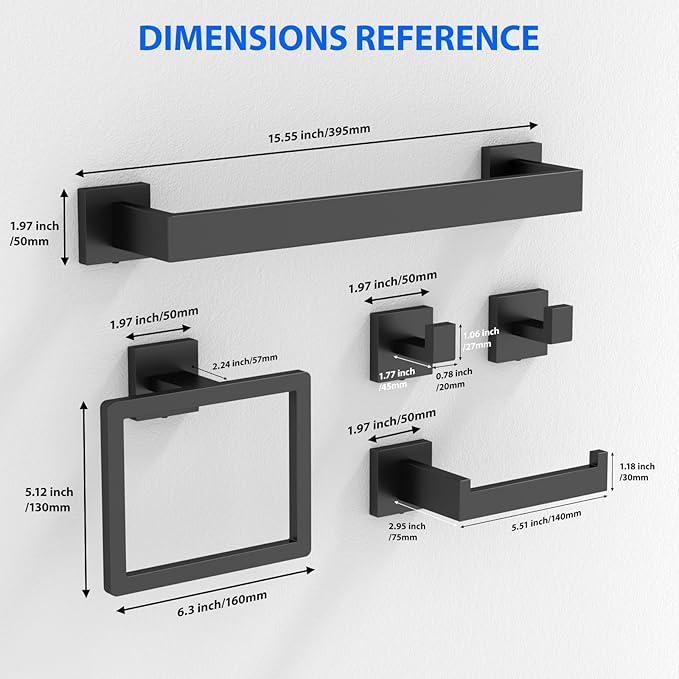 Matte Black 5-Pieces Bathroom Hardware Set, SUS304 Rustproof Steel 16" Rectangle Bathroom Towel Racks Accessories Set, Luxury Hotel Grade Organization Hardware Kit