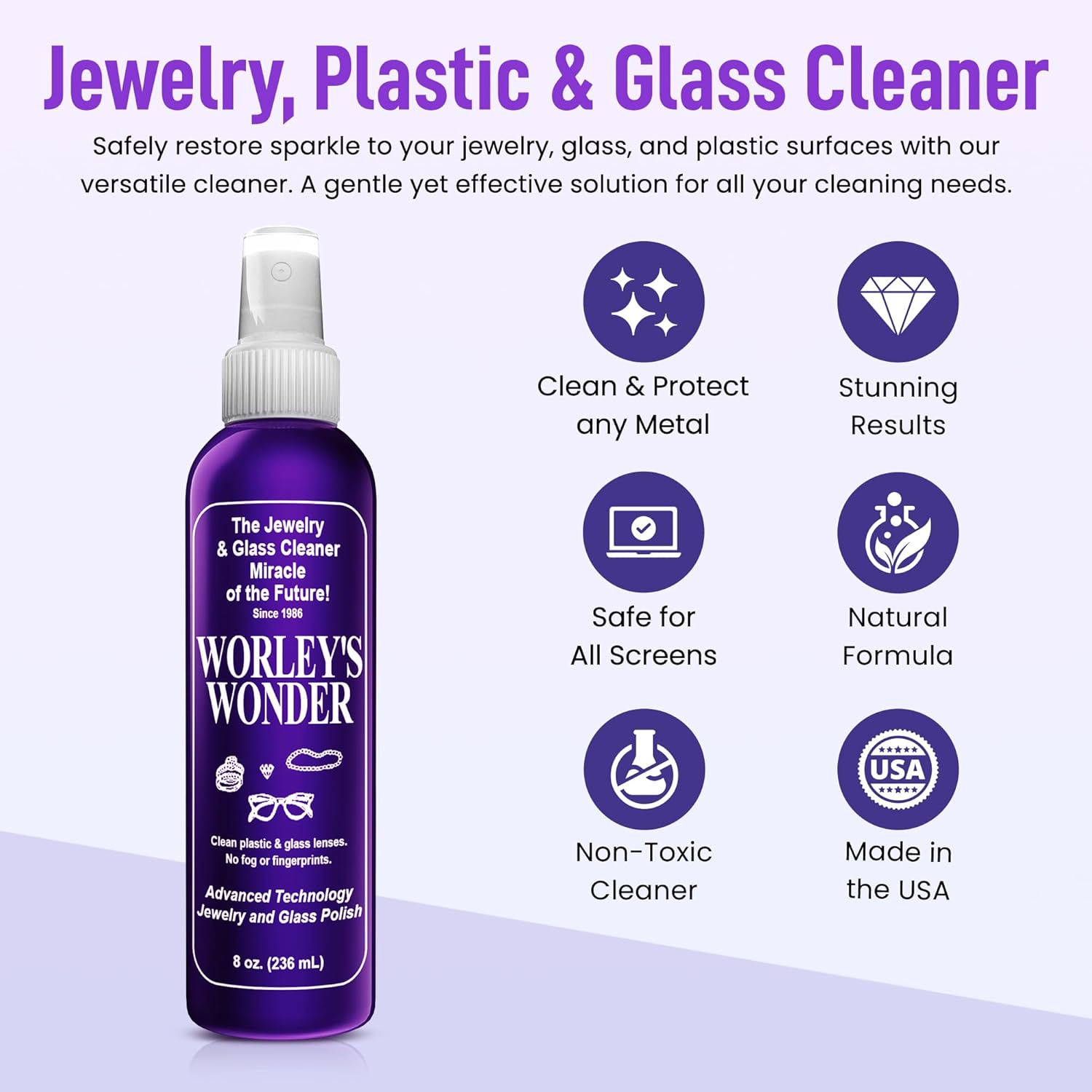 Worley's Wonder Jewelry & Glass Cleaner (8 Ounce Spray Bottle) - Jewelry Cleaner Spray for Gold, Silver, Diamonds, Gemstones, Glass, Marble, Electronics (Pack of 1)