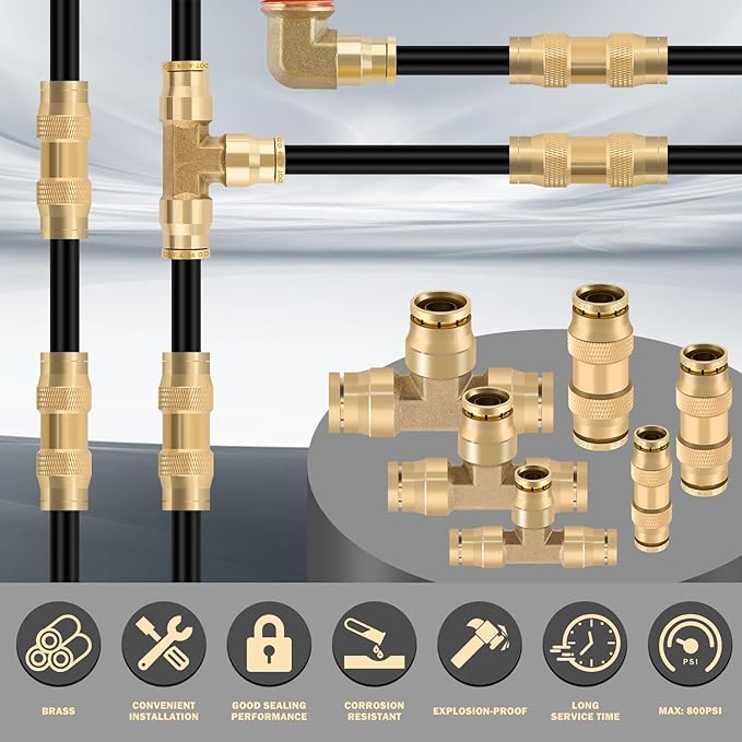 CheeMuii 35 PCS Brass DOT Air Line Fittings With 50FT 1/4" and 30FT 3/8" Air Line Kit - Push Lock Quick Connect Fittings With Pneumatic Tubing Set
