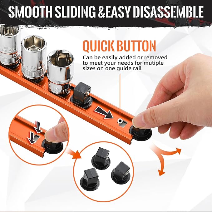 Renietco Magnetic Socket Organizer, 3-Piece Heavty Duty Aluminum Socket Holder, Socket Rail for Tool Box, Premium Quality 360° Swivel Socket Rack Kit with 40 Clips for 1/2, 3/8, 1/4-Inch(Orange)