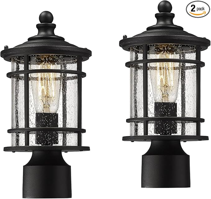 Emliviar Outdoor Post Lights 2 Pack - 12.5 Inch Modern Farmhouse Post Lamps with Seeded Glass in Black Finish, XE229P-S-2PK BK