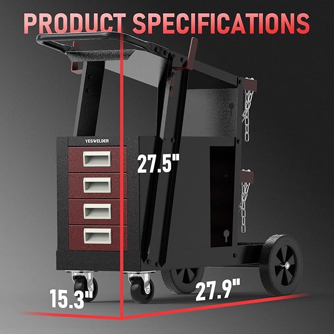 YESWELDER Welding Cart with 4 Drawers for MIG Welder TIG Welder and Plasma Cutter, Black&Red Version Heavy Duty Large Storage 360° Rolling Welding Trolley