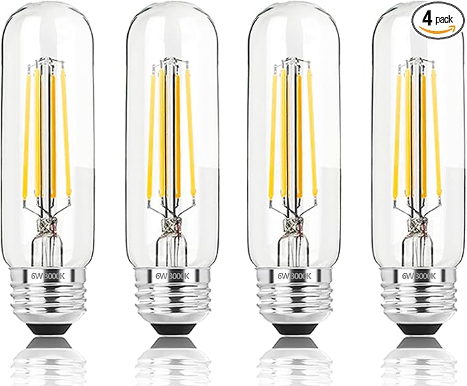 5 Inch E26 Led Bulb Equal 80 Watt, 3000K Warm White Edison Bulb 6W Dimmable, 800LM T10 T9 Clear Glass Tubular Light Bulbs AC 120V for Chandelier Pipe Pendant Wall Light - UL Cert 4Pack