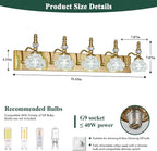 Modern Glass Crystal Vanity Light - Vintage Bathroom Lighting Fixtures Over Mirror, 5 Light Vanity Lights G9 Bulb (35.43 Inch, Gold)