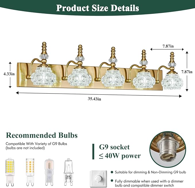 Modern Glass Crystal Vanity Light - Vintage Bathroom Lighting Fixtures Over Mirror, 5 Light Vanity Lights G9 Bulb (35.43 Inch, Gold)