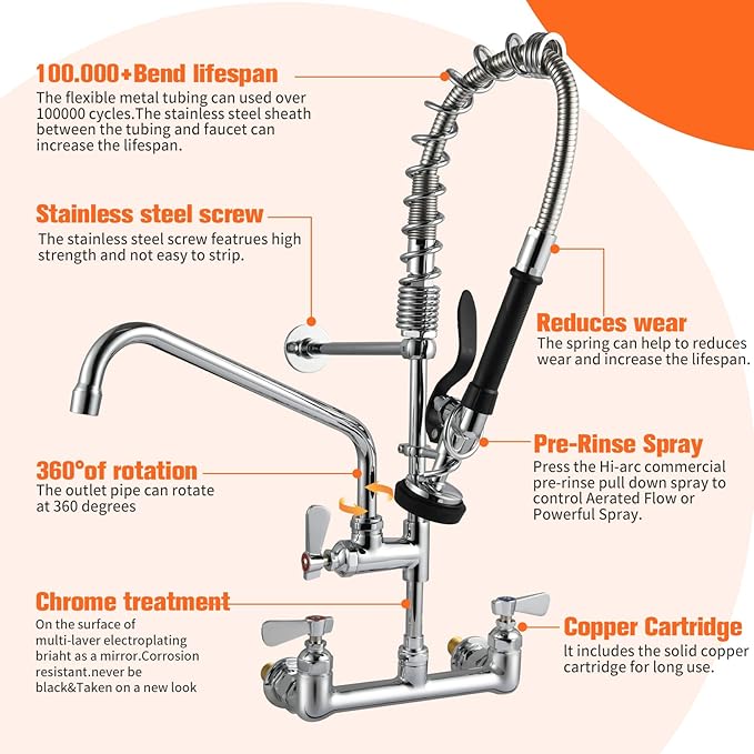 25" Height Commercial Faucet Wall Mount with Sprayer 8" Adjustable Center 12" Swing Spout, Wall Mount Kitchen Sink Faucet with Pull Down Pre-Rinse Sprayer for 1/2 Compartment Sink