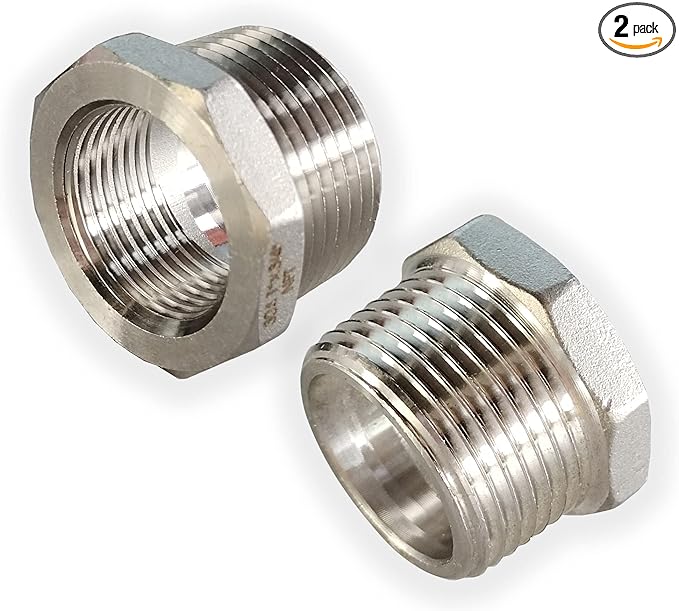 2 Pcs Reducer Hex Bushing, 304 Stainless Steel 1" Male NPT to 3/4" Female NPT（ 1"MNPT - 3/4"FNPT） Pipe Fitting Hex Bushing, Heavy Duty Pipe Fitting Reducer Adapter
