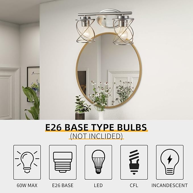 Mavcadonf Modern Vanity Lights - 2 Lights Over Mirror, Brushed Nickel with Cage Shade, Bathroom & Bedroom Wall Lamp