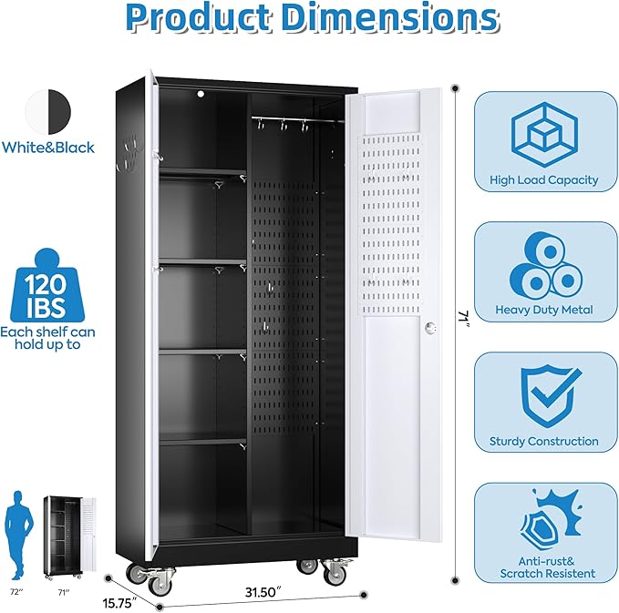 Broom Closet Storage Cabinet with Hanging Rod, 71" H Garage Storage Cabinet with Wheels and Pegboard & 13 Hooks for Garage, Home, Metal Cabinets, Black and White