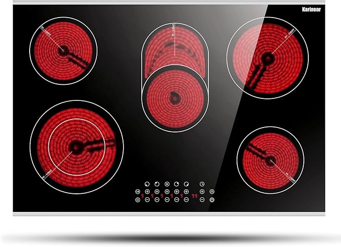 Karinear 30 Inch Electric Cooktop 30 Inch 5 Burners Electric Stove Ceramic Cooktop, Drop-in Electric Radiant Cooktop with Front and Back Metal Frame, Lock, Timer, 8400W, 220-240V, Hard Wire, No Plug