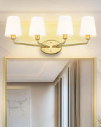 Emak 29 Inch Bathroom Lighting Fixtures Over Mirror, 4-Light Bathroom Vanity Light Wall Sconce with Flared White Fabric Shade, Brushed Gold Vanity Lights for Bathroom, Mirror, VL132-BGD-WF-4