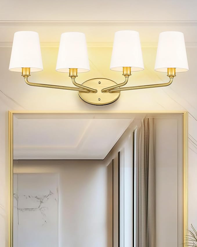 Emak 29 Inch Bathroom Lighting Fixtures Over Mirror, 4-Light Bathroom Vanity Light Wall Sconce with Flared White Fabric Shade, Brushed Gold Vanity Lights for Bathroom, Mirror, VL132-BGD-WF-4