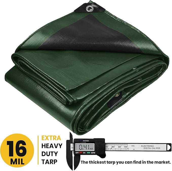 PROTARP Extra Heavy Duty 16 Mil Tarp Cover, Waterproof, UV Resistant, Rip and Tear Proof, Poly Tarpaulin with Reinforced Edges for Roof, Camping, Patio, Pool, Boat. (Green/Black 12′ X 16′)