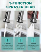 Brushed Nickel Kitchen Sink Faucet: Stainless Steel Kitchen Faucets with Soap Dispenser - 3-Function Single Handle Kitchen Faucets with Pull Down Sprayer for Farmhouse RV Laundry