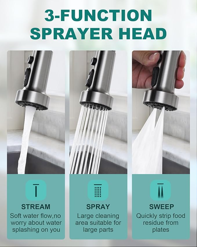 Brushed Nickel Kitchen Sink Faucet: Stainless Steel Kitchen Faucets with Soap Dispenser - 3-Function Single Handle Kitchen Faucets with Pull Down Sprayer for Farmhouse RV Laundry