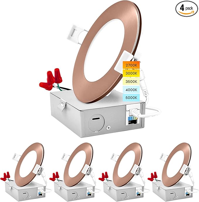 LUXRITE 4 Inch Ultra Thin LED Recessed Light with J-Box, 10W, 5 Color Options 2700K | 3000K | 3500K | 4000K | 5000K, Dimmable Wafer Lights, 750 Lumens, Copper Trim, Energy Star, IC Rated (4 Pack)