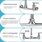 Wall Mount Kitchen Faucet with 8" Gooseneck Swivel Spout, 8 Inch Center Commercial Kitchen Sink Faucet 2 Handle Wall Mount Utility Sink Faucet for Kitchen Restaurant Compartment Sink