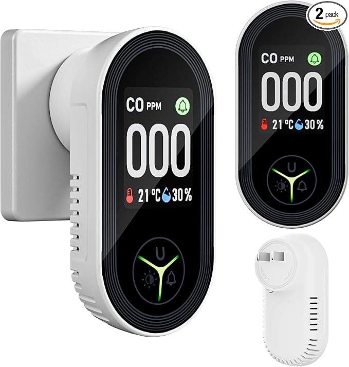 2 Packs, 3 in 1 CO Detectors, CO &Temp &Hum, Plug in Wall, with HD Screen,3 Color Indicator Visual, 4 Color Alert lcons,Brightness Adjustment,Carbon Monoxide Detectors,for Travel,CO Alarm