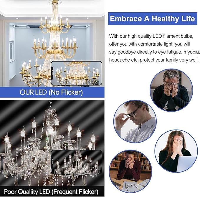 E12 Dimmable Candelabra LED Bulbs 40 Watt Candle Bulb 4000K Daylight Chandelier Light Bulb 4W Type B Light Bulb for Chandelier,Frosted Glass,400LM,6 Pack