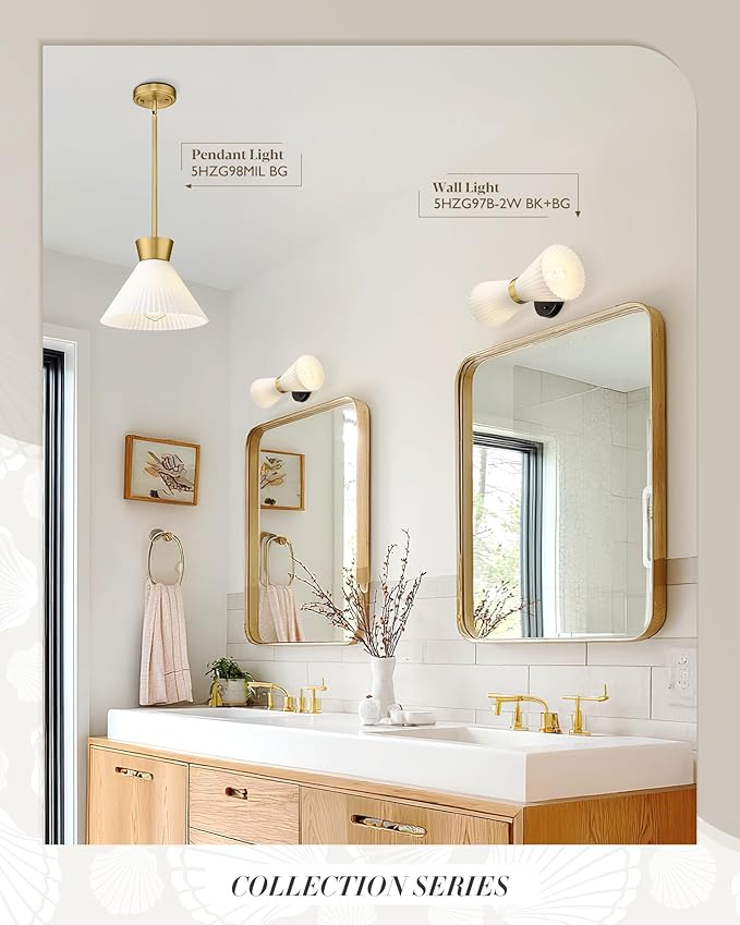 Wall Sconces Set of Two, HWH 14.3 Inch Black and Gold Bathroom Sconces with Frosted Milk White Striped Glass, Up Down Modern Wall Light fixtures for Living Room Bedroom, 5HZG97B-2W-2PK BK+BG