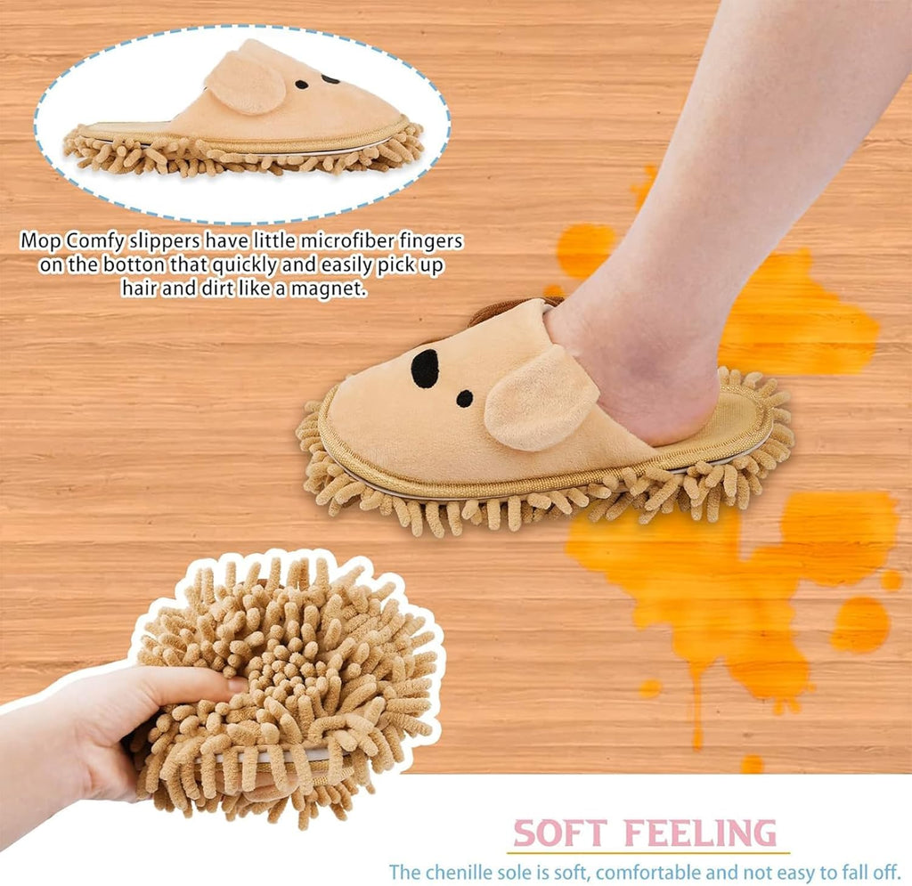 Cartoon Dog Mop Slippers Microfiber Clean Dusting Slippers Detachable Mopping Shoes for Office Home Room (Khaki)