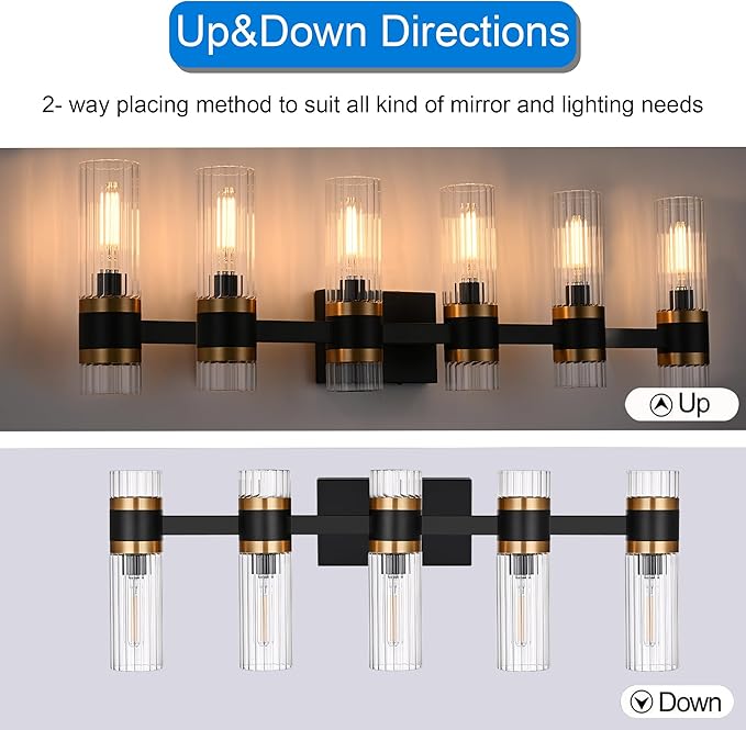 MELUCEE 5-Light Bathroom Lights Over Mirror in Black Finish, Farmhouse Vanity Lights with Ribbed Clear Glass Shade Indoor Metal Wall Light Fixtures for Kitchen Powder Room Foyer, E12 Base