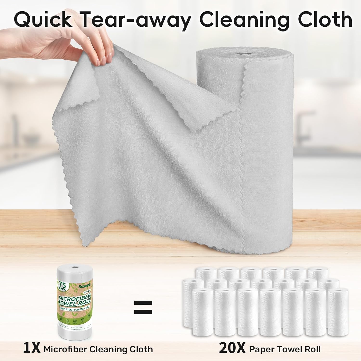 Microfiber Cleaning Cloths Roll, 75 Pack Tear Away Microfiber Towels Roll, 12" x 12" Lint Free Rags, Reusable Cleaning Cloths, Washable, Scratch Free,Ultra Absorbent Dish Rags(Grey)