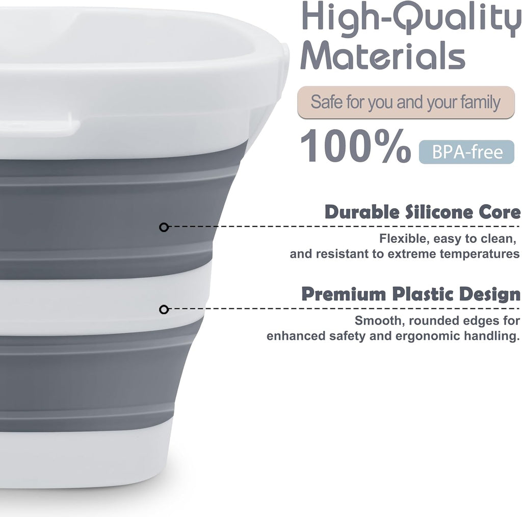 Small Collapsible Bucket, 1.4Gal/5L BPA-Free - Foldable Water Pail for Car Washing, Camping, Beach - Portable Lightweight Storage for Outdoor, RV, Travel (Grey)