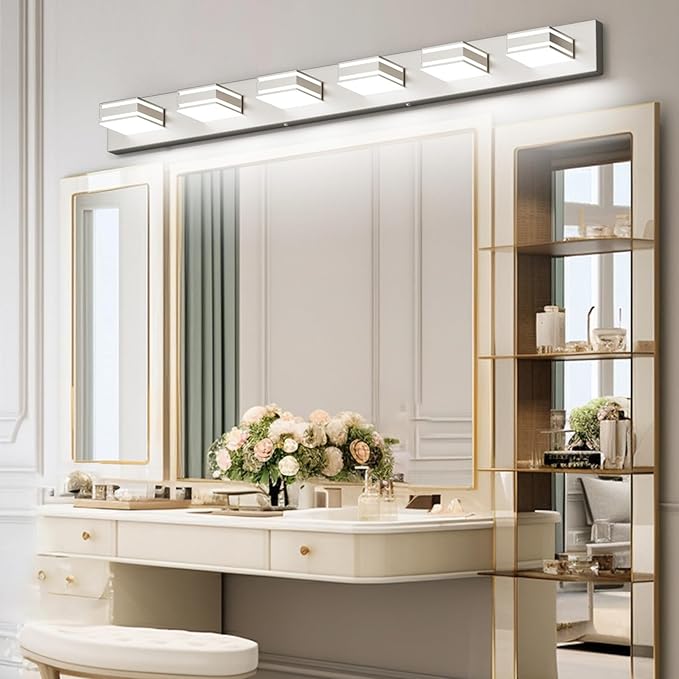 Ralbay 48inch Brushed Nickel Bathroom Vanity Light 6-Light Metal Acrylic Modern LED Bathroom Lighting Over Mirror