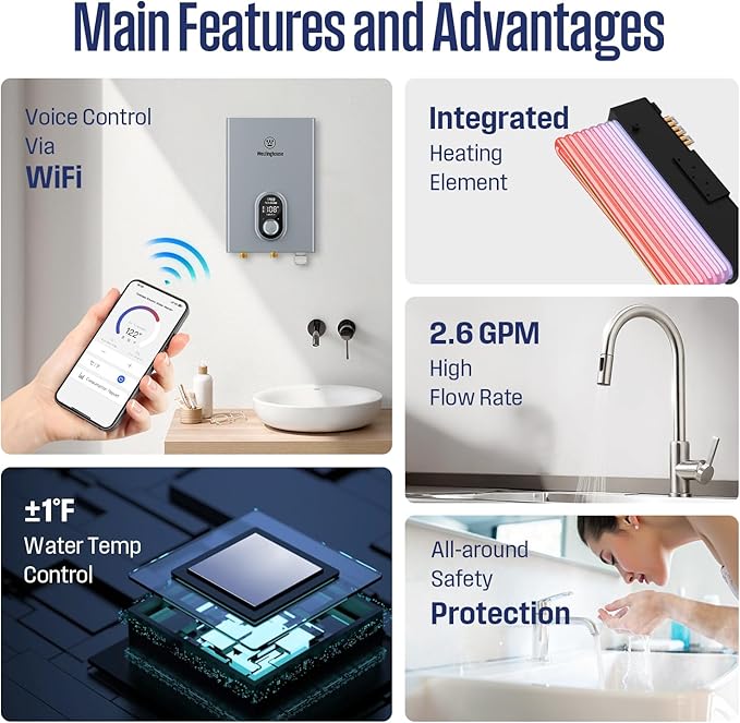 Westinghouse 11kW 240V Tankless Water Heater Electric, Up to 2.56 GPM, 1-3 Point of Use Hot Water, Work with Alexa & Google Home, ETL Certified, IPX4，Gray