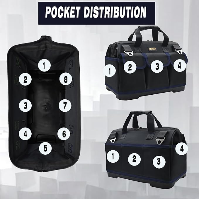 FASTECH 22 Inch Tool Bag, Waterproof Wide Mouth Tool Kit, Heavy Duty Tool Bag Organizer With Shoulder Straps and Molded Base, Tool Storage Package For Screwdrivers, Pliers, Nut Drivers (DarkBlue22IN)