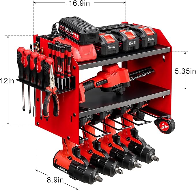 3 layers power tool organizer Loads 150lbs with 4 Cordless Drill Holder and 8 Outlet Power Strip,it’s good choice for husband birthday gift,red