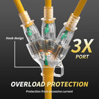 3 FT 12/3 Gauge Outdoor Extension Cord with Multiple Outlets Light Indicator, Flexible 3 Outlet Weatherproof Heavy Duty Extension Cord Waterproof Yellow, 15A 1875W 12AWG SJTW, ETL Listed