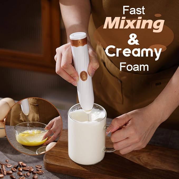 Milk Frother Handheld Rechargeable,Hand Mixer Electric Whisk with 2 Speeds,Drink Mixer Coffee Frother With 2 Stainless Steel Whisks for Coffee, Matcha, Lattes, Cappuccino,Egg,No Stand,Brown