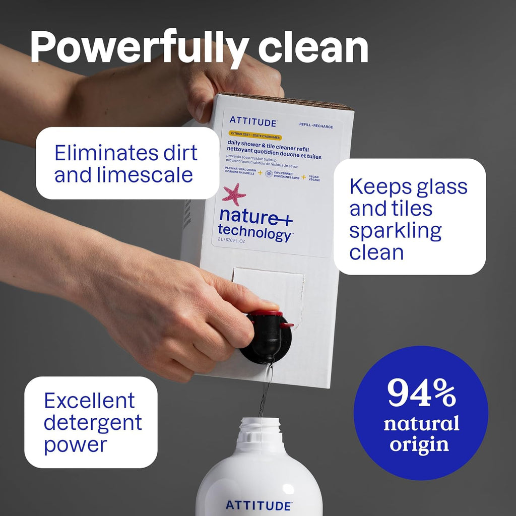 ATTITUDE Shower & Tile Cleaner, EWG Verified, Plant-Based & Vegan Bathroom Spray, Removes Soap Scum & Grime, Citrus Zest Scent, 27.1 Fl Oz