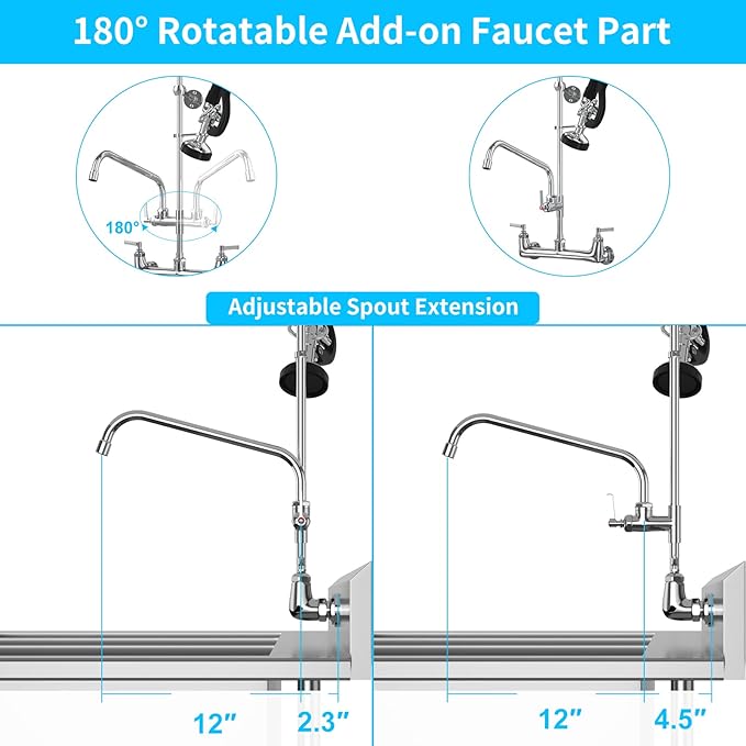 Commercial Faucet with Sprayer 8 Inch Center 25" Height Wall Mount Kitchen Sink Faucet Add On 12" Spout and Pull Down Pre Rinse Sprayer Faucet for 1, 2 or 3 Compartment Sink (Polished Chrome)