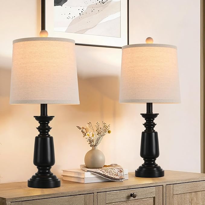 Terpsichore Lamps Set of 2 Modern Farmhouse Table Lamp Bedside Reading Lights Living Room End Lamps Bedroom Night Light,High 22.5 Inch,Matte Black,with Fabric Lamp Shade,Bulb Not Included