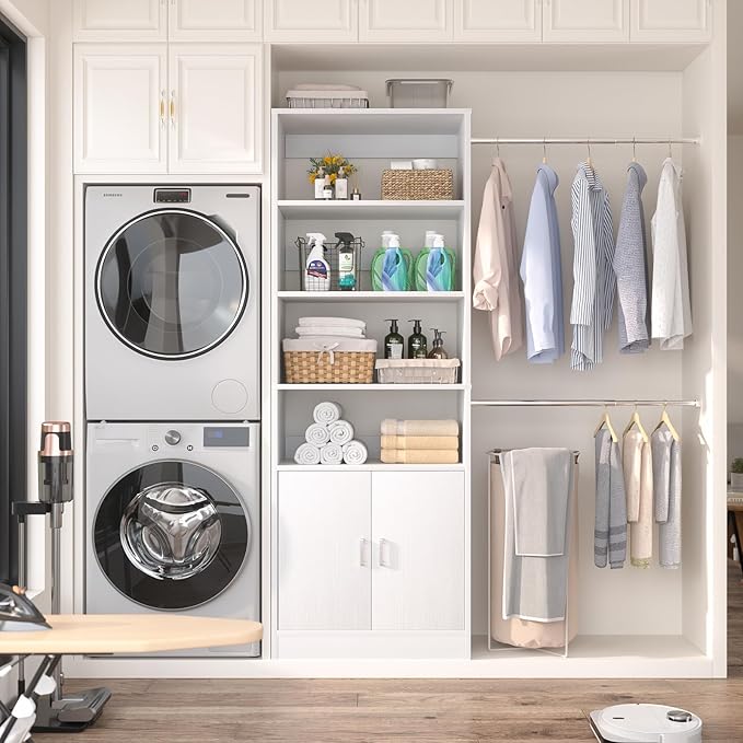 8FT Closet System, 96 Inch Closet Organizer System with Hanging Rods, Heavy Duty Clothing Rack with Cabinet, Walk In Mounted Closet System, Built-In Clothes Garment Rack, White