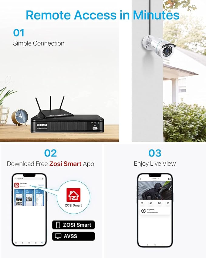 ZOSI 1080P H.265+ Home Security Camera System with AI Human Vehicle Detection, 5MP 3K Lite 8 Channel CCTV DVR Recorder with 2TB Hard Drive and 8 x 1080p Surveillance Bullet Camera Outdoor Indoor