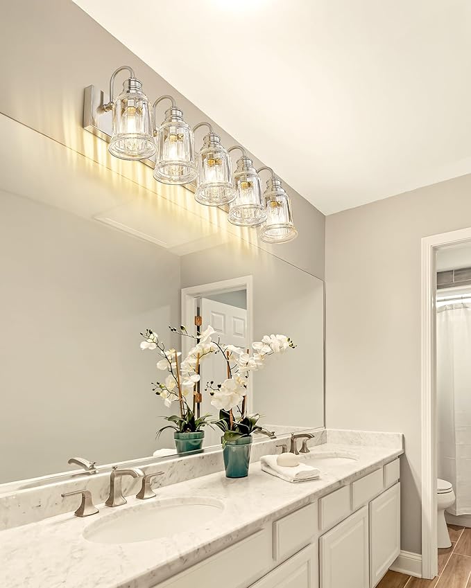 Bathroom Light Fixtures, HWH 5-Light Vanity Light, Modern Brushed Nickel Wall Lighting Over Mirror, Bell-Shaped Striped Glass, 5HZG106B-5W BN