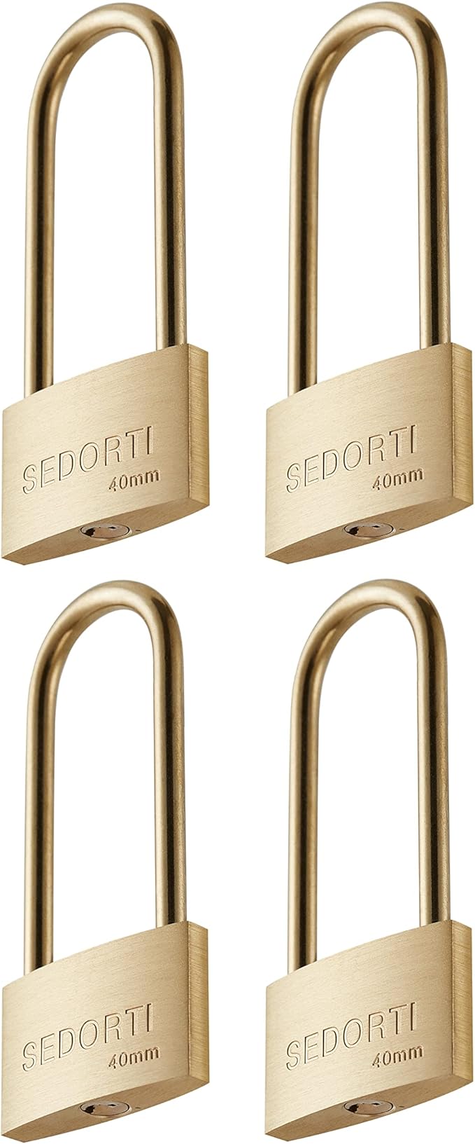 Weather Proof Lock, Keyed Alike Solid Brass Padlocks with Long Brass Shackle, Light Duty, 1-1/2" Wide Body, Marine Padlock, Anti Rust Lock, 4 Pack