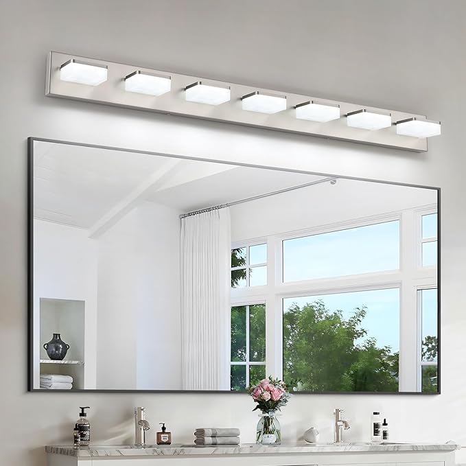 7-Light Bathroom Vanity Light Fixture Over Mirror, Nickel LED Vanity Lighting Fixtures, 45.67 inch Modern Bathroom Wall Light Fixtures with Rotating Lamp Head