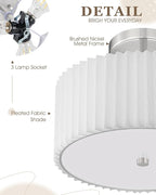 Semi Flush Mount Ceiling Light, 3-Light 12.5" Ceiling Light Fixture with White Pleated Fabric Shade, Brushed Nickel Drum Lamp for Nursery Hallway Bedroom Kitchen, AD-25036-3SF-SN
