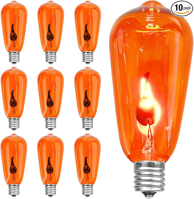 SUNSGNE Halloween Orange Flame Light Bulbs, 10-Pack E17 Flickering Flame Bulb ST40 Edison Replacement Bulbs for ST40 String Lights, 1 Watt- E17 Intermediate Screw Base