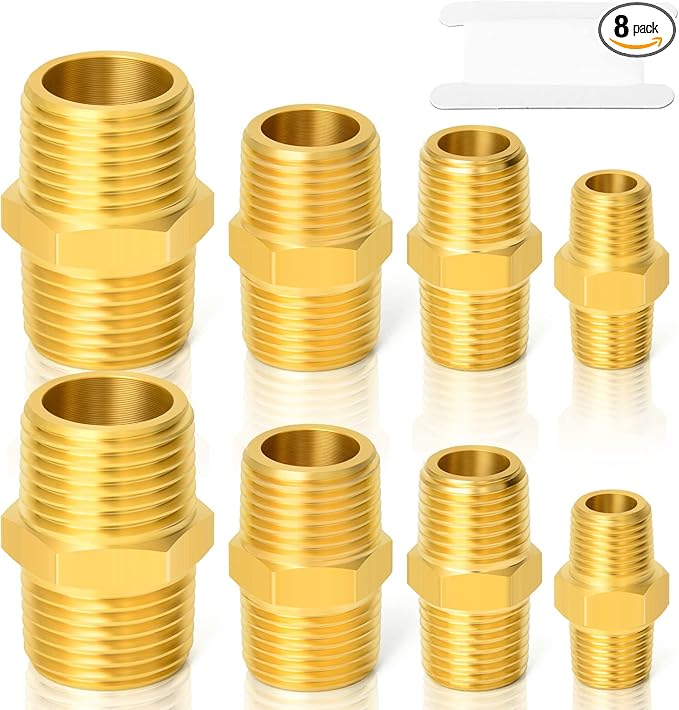 GASHER 8PCS Brass Pipe Fitting Hex Nipple Kit 1/8 inch 1/4 inch 3/8 inch 1/2 inch