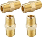 4PCS Hex Nipple 3/8"NPT x 3/8" NPT Male Solid Brass Pipe Fitting, 3/8 inch Brass nipple Male Threaded Pipe Adapter Fittings Equal Nipples Connectors Couplings