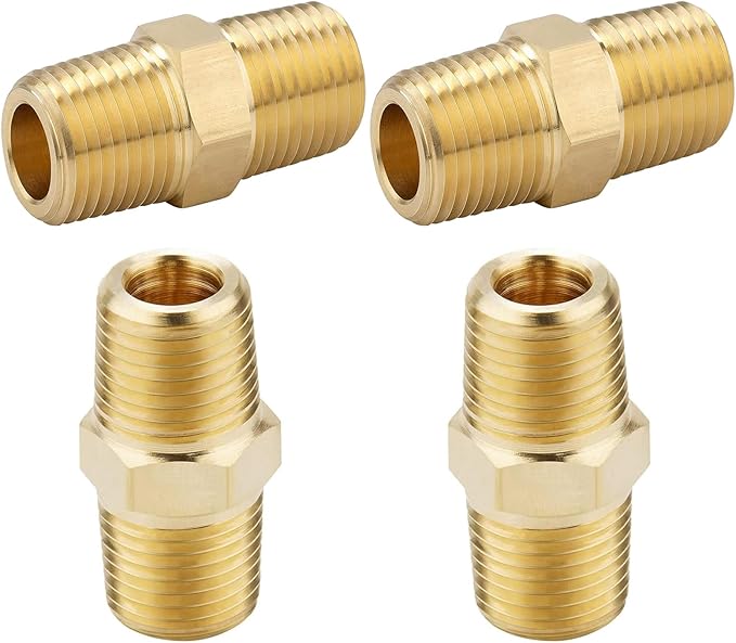 4PCS Hex Nipple 3/8"NPT x 3/8" NPT Male Solid Brass Pipe Fitting, 3/8 inch Brass nipple Male Threaded Pipe Adapter Fittings Equal Nipples Connectors Couplings
